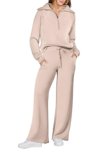 ANRABESS Women 2 Piece Outfits 2025 Fall Fashion Airport Wide Leg Pants Lounge Set Leisure Travel Vacation Clothes Sweatsuits Khaki XX-Large | Amazon (US)