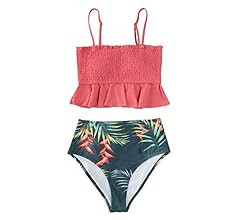 CUPSHE Women's Smocked Green and Monstera Ruffled High Waisted Bikini | Amazon (CA)