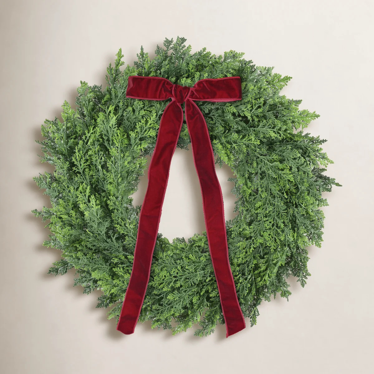 24" Soft Artificial PE Spruce Wreath with Red Velvet Bow | Wayfair North America