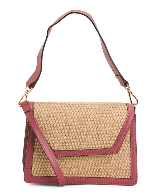 Made In Italy Leather Geometric Flap Over Shoulder Bag With Raffia | TJ Maxx
