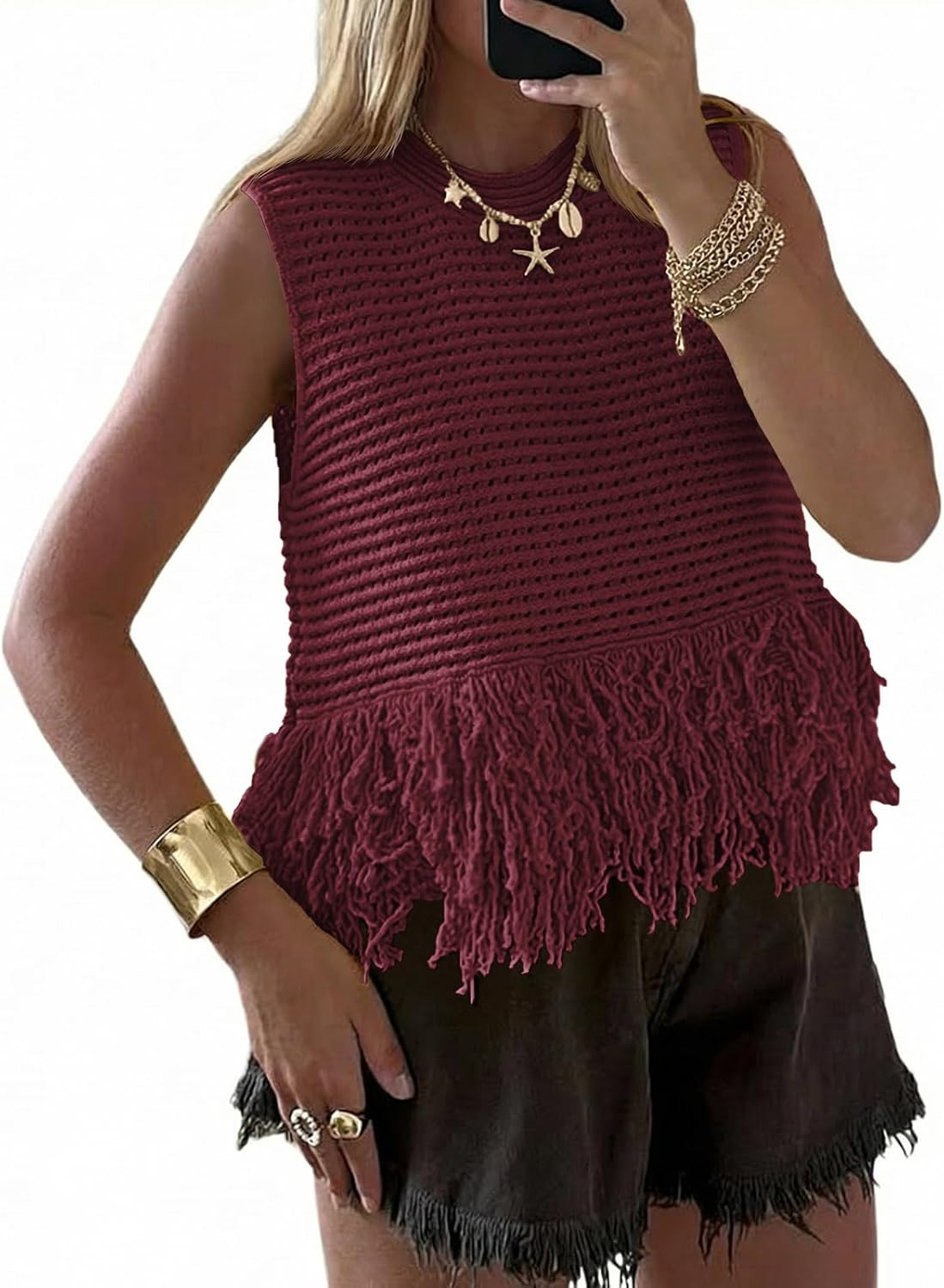 Saodimallsu Womens Crochet Crop Tank Tops Fringe Boho Summer Sweater Vest | Amazon (US)