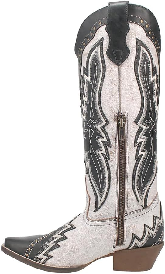 Laredo Womens Shawnee Tooled-Inlay Snip Toe Casual Boots Knee High Low Heel 1-2" - White | Amazon (US)