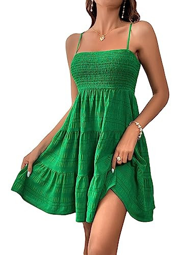 Floerns Women's Solid Spaghetti Strap Tiered Layer Ruffle Hem Boho Cami Dress Green S | Amazon (US)