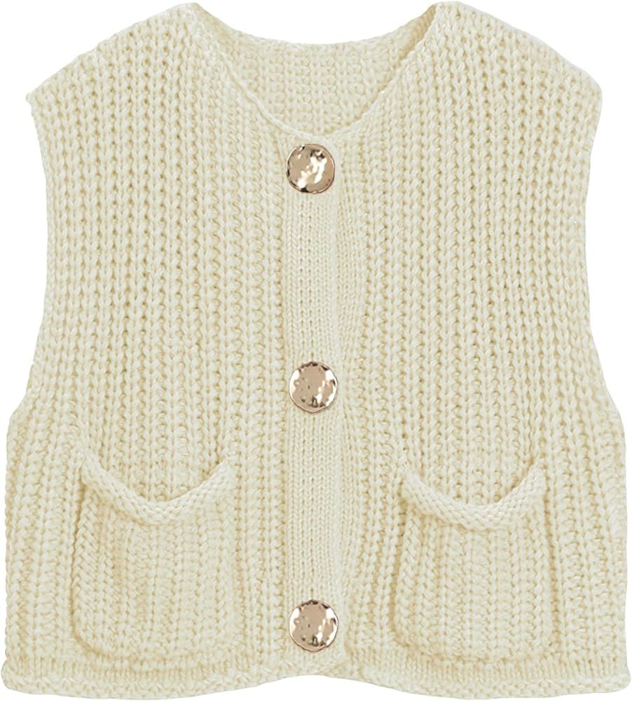 Womens Sleeveless Knit Cardigan Casual Cropped Button Down Sweater Vest Open Front Tops with Pock... | Amazon (US)