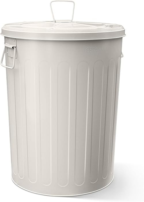 Plexon 20 Gallon Metal Trash Can with Lid Outdoor Large Trash Bin Steel Garbage Can for Garage Patio Farmhouse Bucket Bird Seed Storage Can Heavy Duty Round Container, Off-White | Amazon (US)