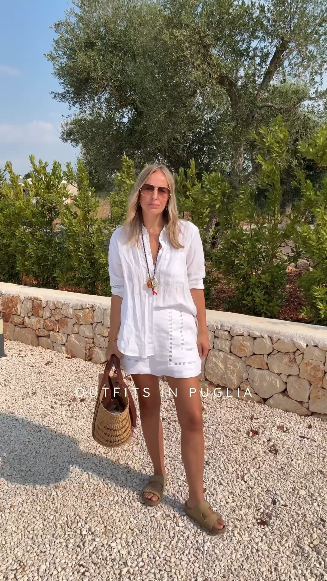 White linen for lunch in the local town… 
Wearing a U.K. 12 in the shirt 
And U.K. 14 in the skirt 

Bag is M&S sale 
Necklace Zara Sale 

#LTKsummer #LTKtravel