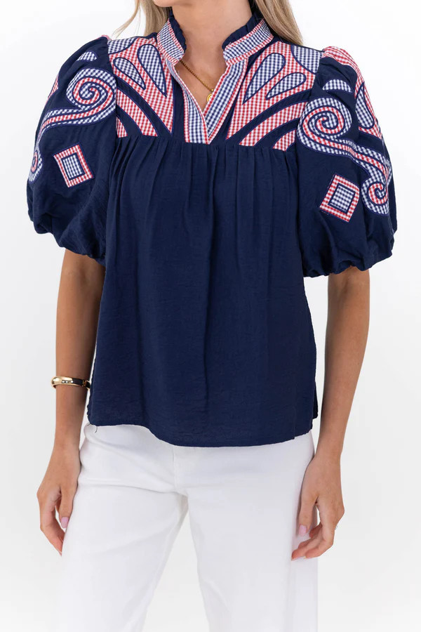 THML: Go Anywhere Navy Embroidered Blouse | The Mint Julep Boutique