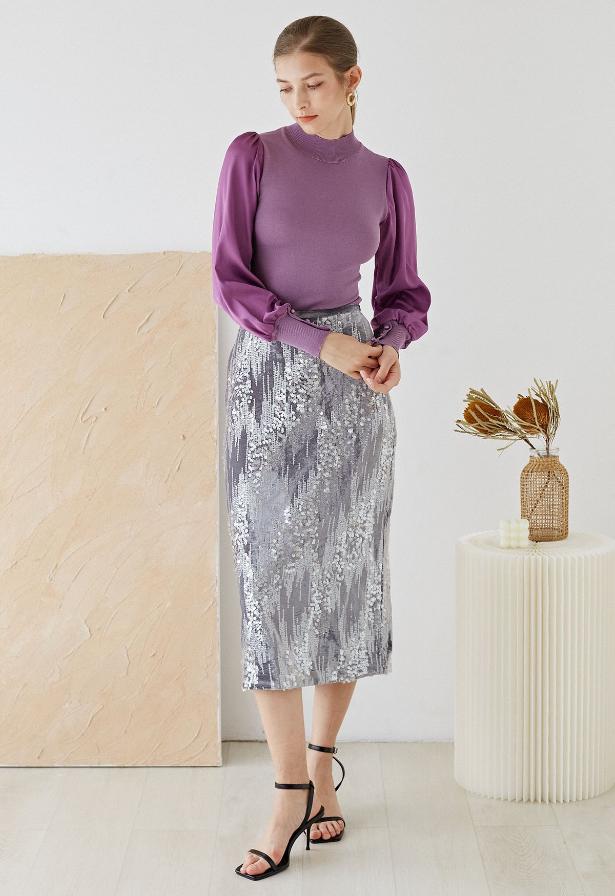 Mock Neck Satin Spliced Knit Top in Violet | Chicwish