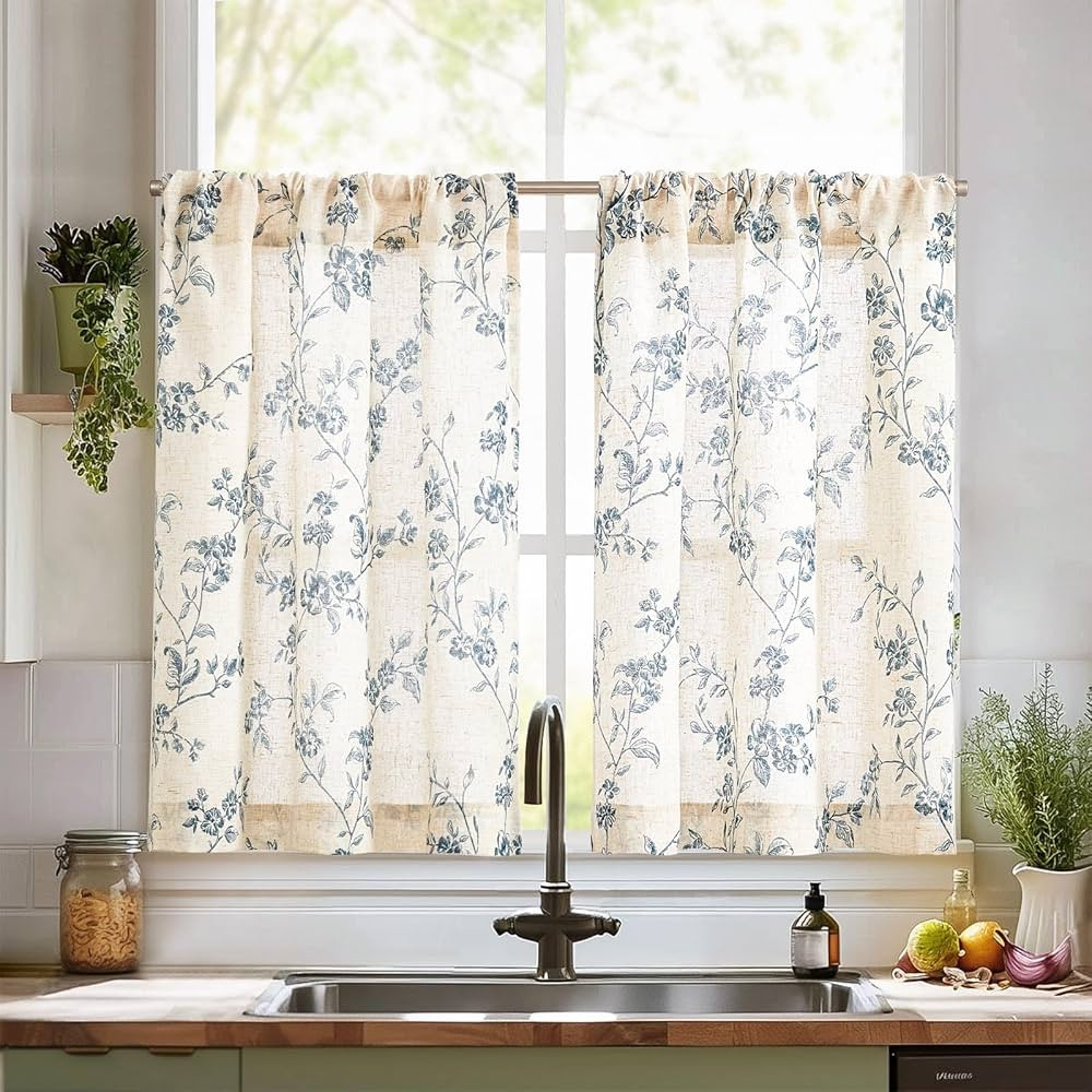 jinchan Floral Kitchen Curtains 36 Inch Linen Tier Curtains Farmhouse Cafe Half Window Drapes Ove... | Amazon (US)