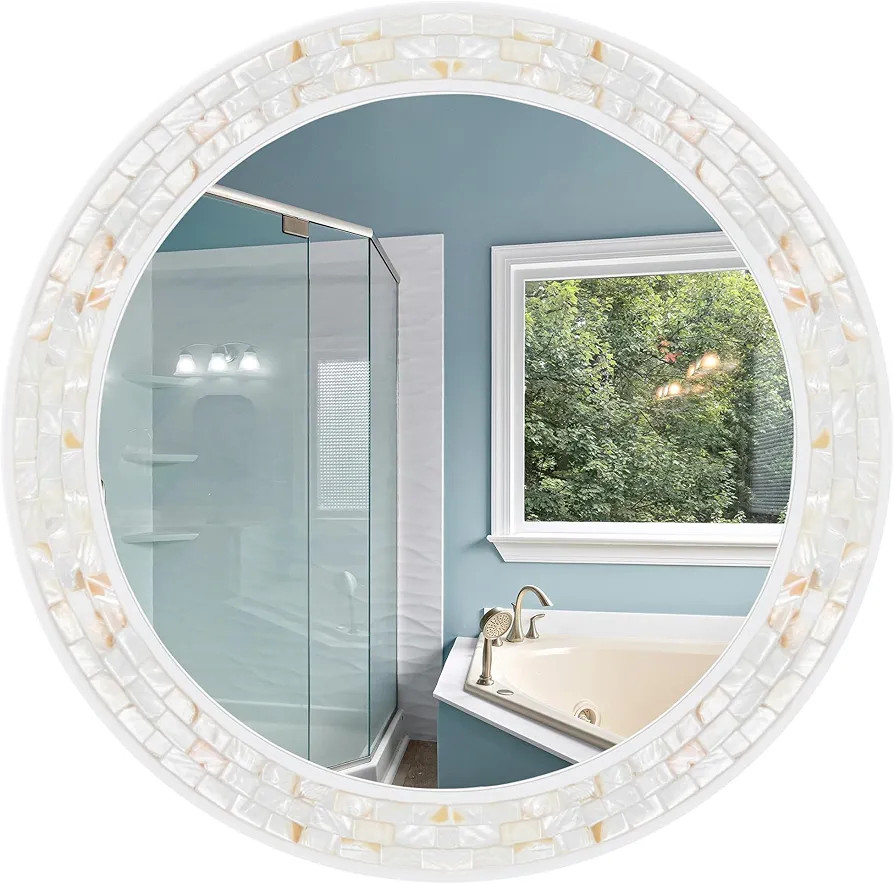 Tanmicoshomy White Round Mirror 36 Inch, Circle Mosaic Mirror with Shell and Wood Frame, Decorati... | Amazon (US)