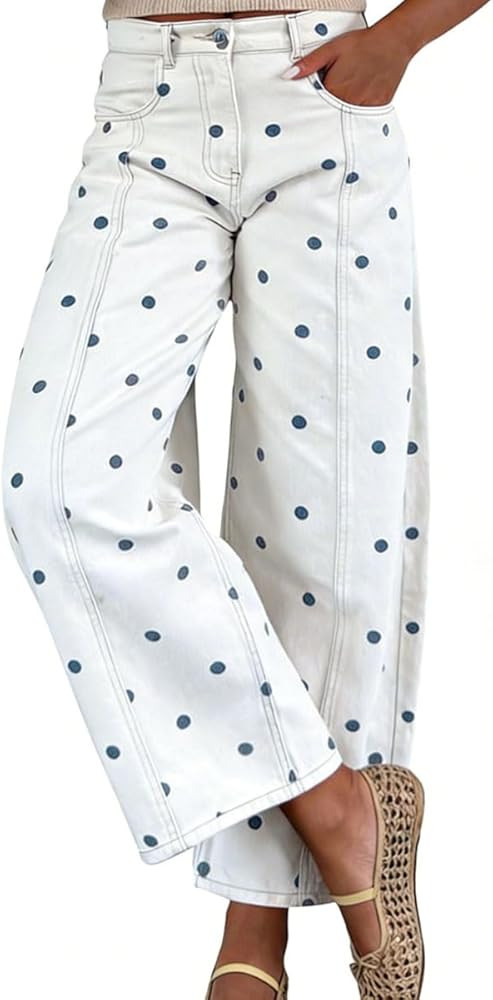 chouyatou Women's 2026 Polka Dot Pattern Barrel Jeans Boyfriend Y2K Casual Wide Leg Mid Rise Deni... | Amazon (US)
