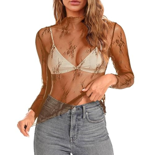 Lace Long Sleeve Tops for Women Sheer Floral Mesh Tunic Top Womens Layering Mock Neck See Through Shirt Coffee | Amazon (US)