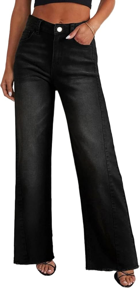 PRETTYGARDEN Wide Leg Jeans for Women Trendy High Waisted Stretchy Baggy Raw Hem Denim Palazzo Pa... | Amazon (US)