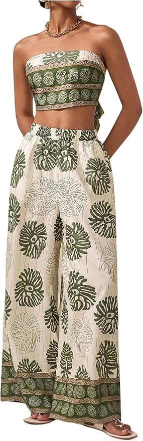 Amazon.com: Floerns Women's 2 Piece Outfit Tropical Bow Cropped Tube with Summer Wide Leg Pants S... | Amazon (US)