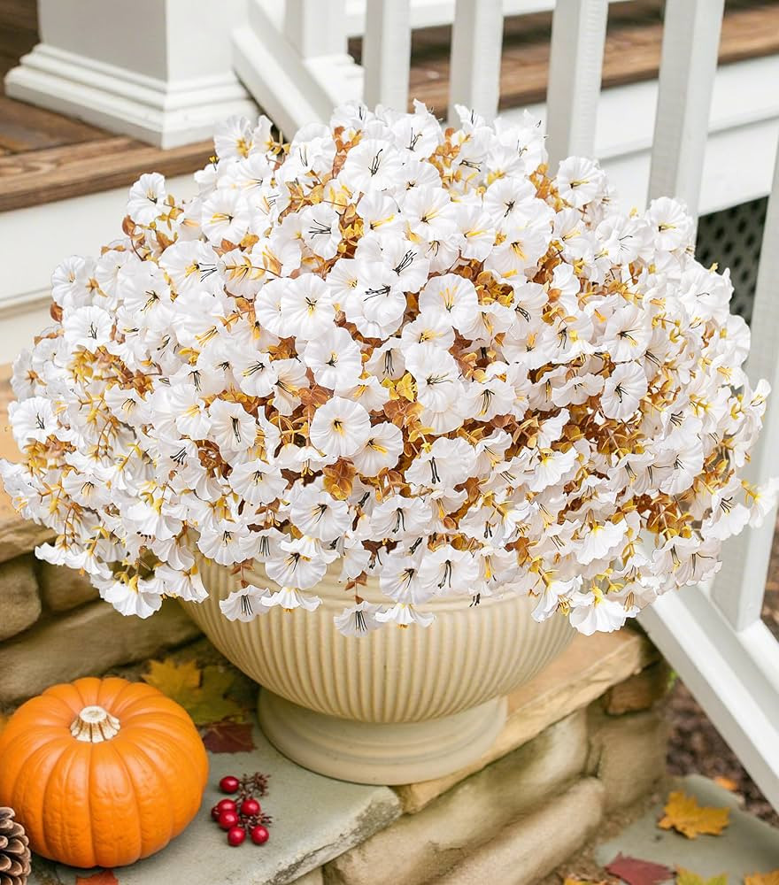 Fake Mums Artificial Fall Flowers Fake Plants for Outdoors Autumn Decor, 12 Bundles White Silk Mo... | Amazon (US)