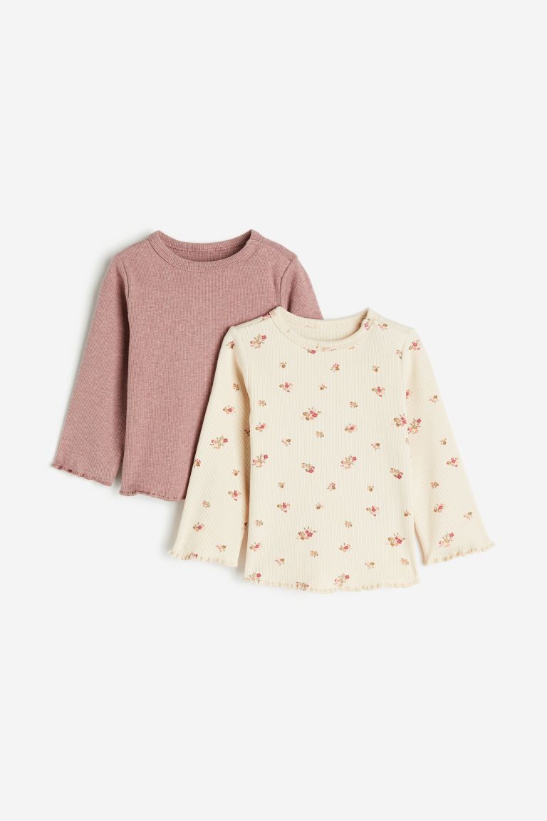 2-pack Ribbed Shirts - Light beige/floral - Kids | H&M US | H&M (US + CA)