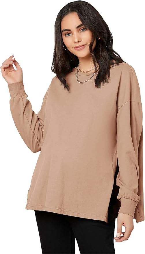 MakeMeChic Women's Maternity T-Shirt Long Sleeve Split Side Pregnancy Tee Tops | Amazon (US)