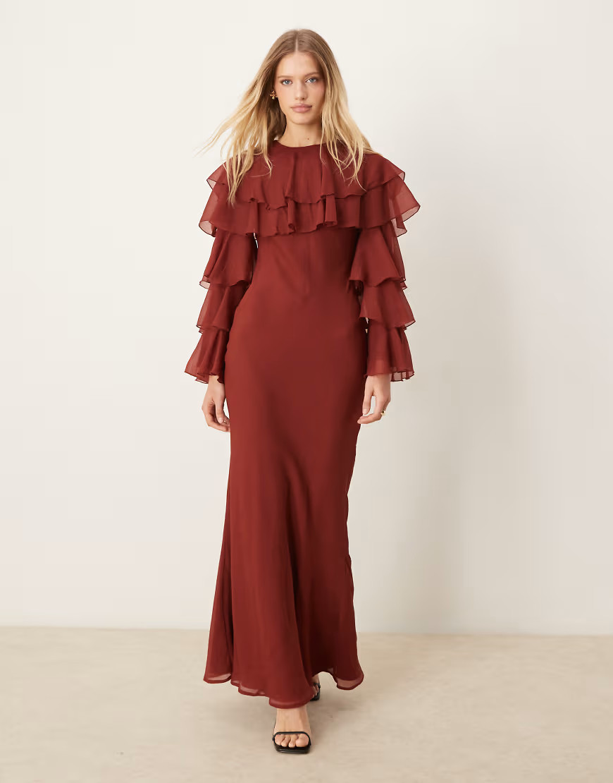 ASOS DESIGN tiered ruffle overlay bias maxi dress in deep chestnut-Brown | ASOS (Global)