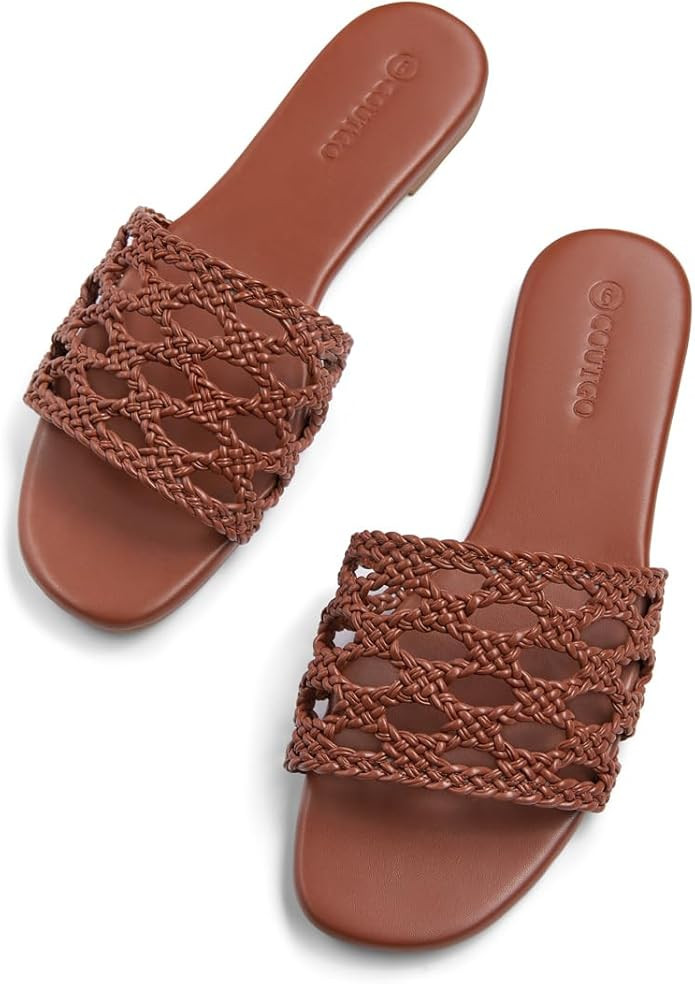 Coutgo Womens Flat Sandals Dressy Open Square Toe Slip On Slide Sandals Beach Vacation Shoes | Amazon (US)