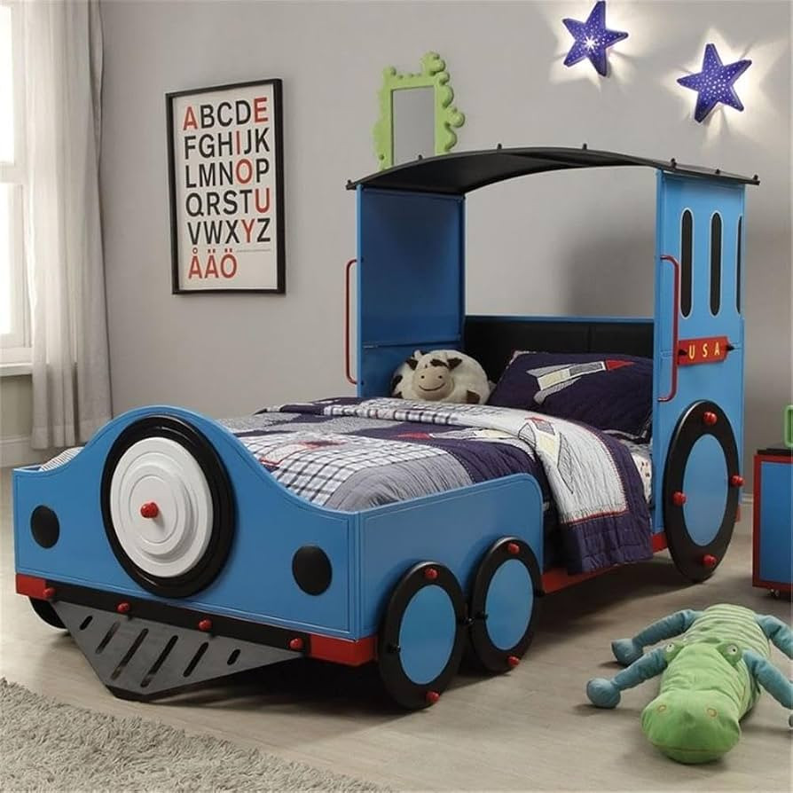 Acme Tobi Train Twin Bed with Metal Frame in Blue and Red and Black | Amazon (US)