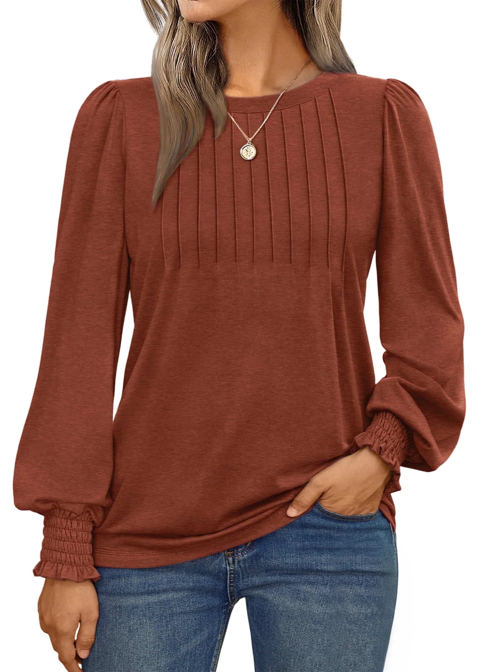 SUNBS Long Sleeve Shirts for Women Pleated Crewneck Fall Winter Casual Blouses, Sizes S-3XL | Walmart (US)