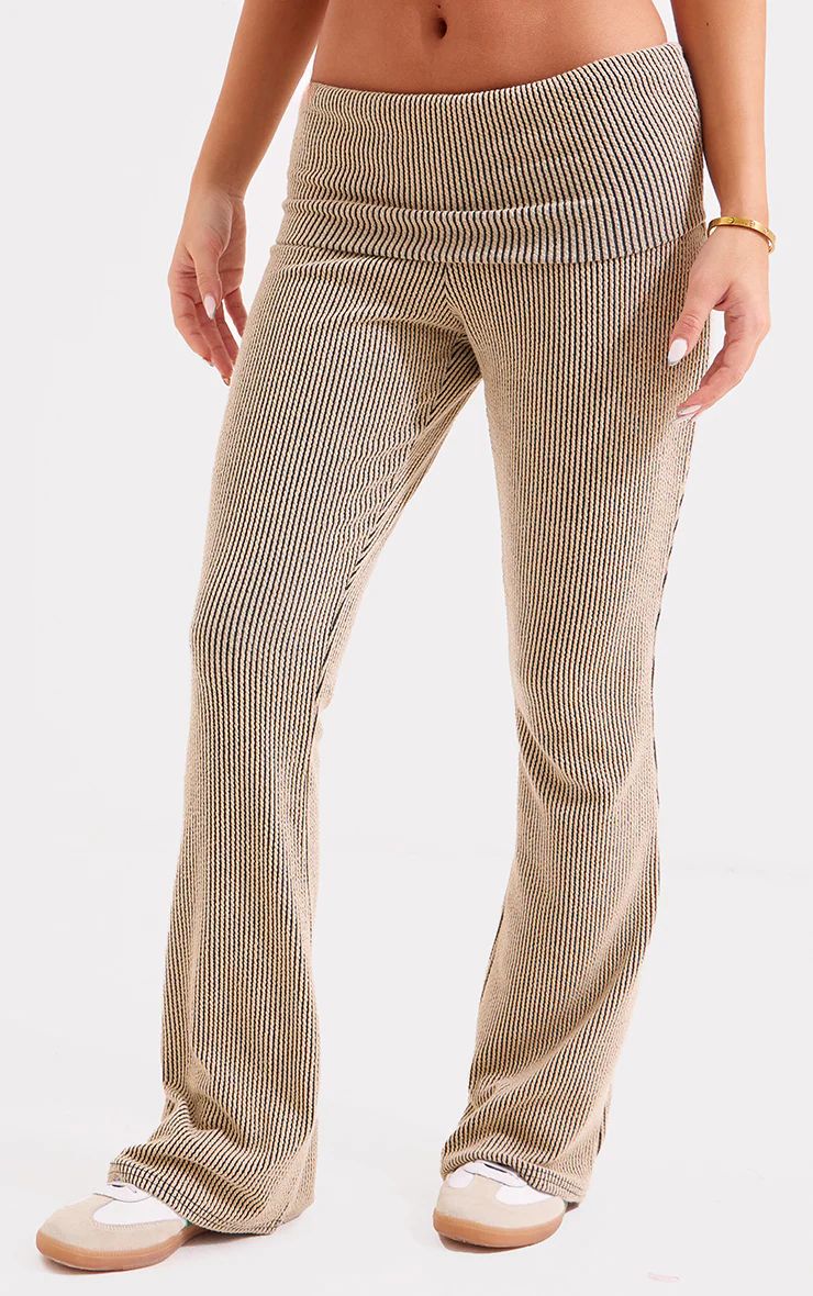 Cream Contrast Crinkle Rib Fold Over Waistband Skinny Flared Pants | Pretty Little Thing (Australia & New Zealand)
