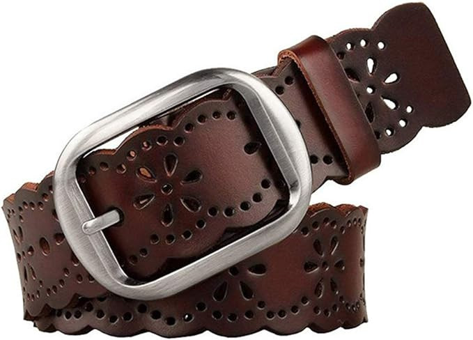 JASGOOD Women's Hollow Flower Genuine Leather Belt for Jeans Pants Wide Belt for Ladies | Amazon (US)