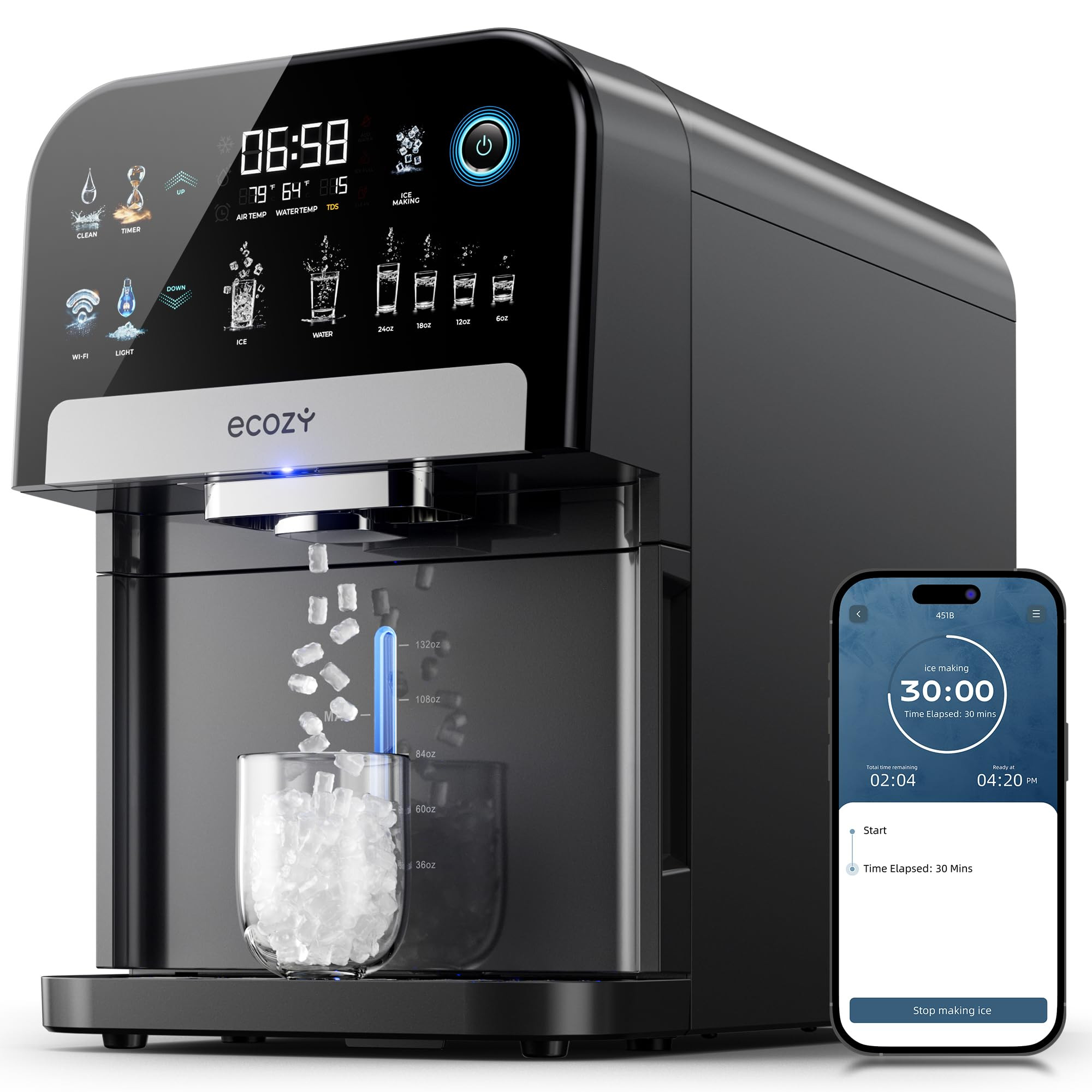 ecozy Nugget Ice Maker Dispenser, Smart 2-in-1 Pebble Ice Machine Countertop & Water Dispenser wi... | Amazon (US)