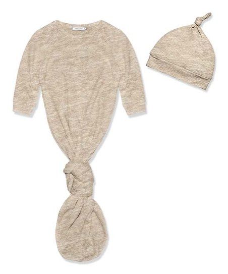 Little Millie Oatmeal Heather Waffle Knotted Gown & Knot-Tie Beanie - Newborn | Zulily