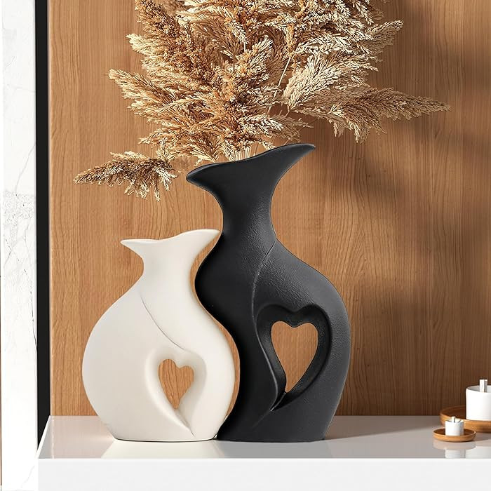 Juego de 2 jarrones de cerámica con forma de corazón en blanco y negro, moderno y bohemio, deco... | Amazon (US)