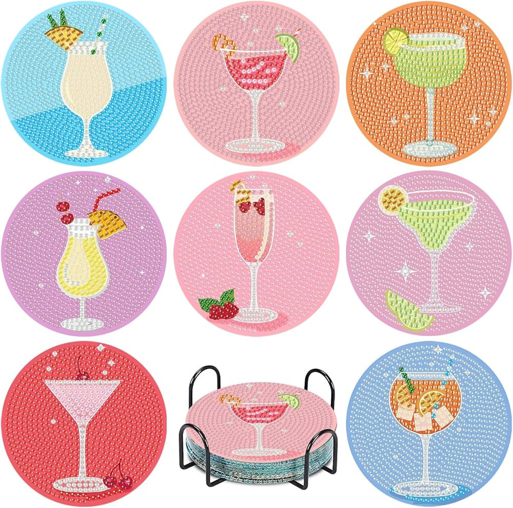 8 Pcs Vintage Cocktail Diamond Art Coasters, 5D DIY Full Drill Diamond Dots, Gem Art Kits for Adu... | Amazon (US)