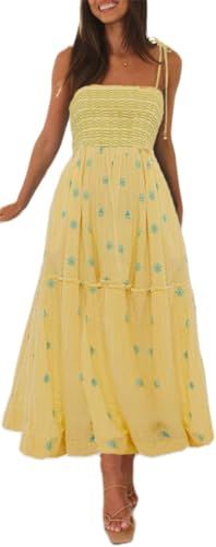 Womens Boho Long Summer Dresses Casual Beach Vacation Sun Dress Spaghetti Strap Flowy Embroidered... | Amazon (US)