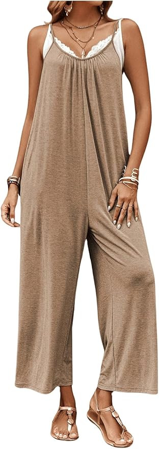 SOLY HUX Women's V Neck Cami Jumpsuit Spaghetti Strap Wide Leg Long Pants with Pockets | Amazon (US)