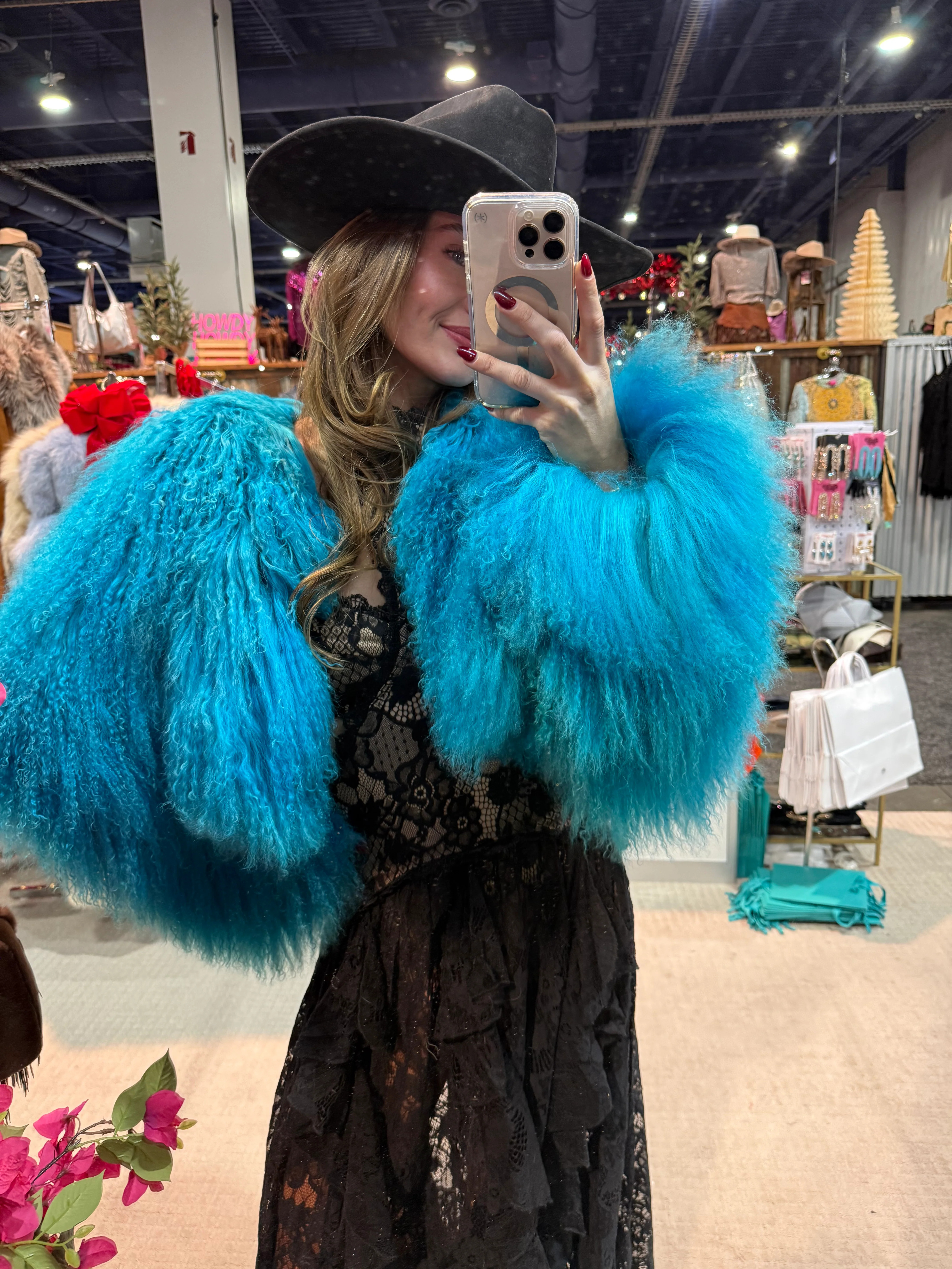#158 Vintage Dyed Teal Mongolian Cropped Fur Jacket - Size Medium | Glitzy Bella