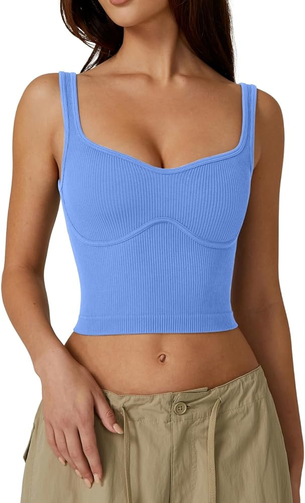 QINSEN Womens Sleeveless Cropped Rib Knit Seamless Sweetheart Neckline Going Out Tank Tops | Amazon (US)