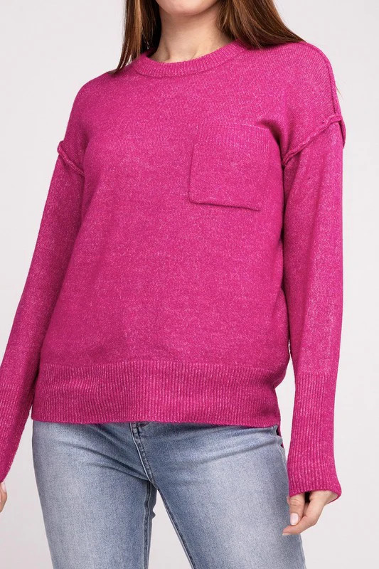 Melange Hi-Low Hem Round Neck Sweater H MAGENTA / L/XL | Casual Chic Boutique