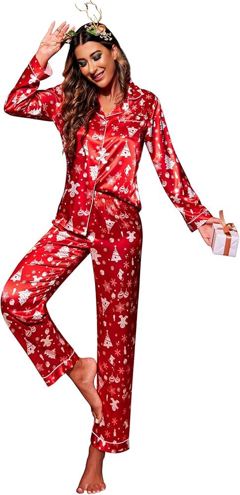 Ekouaer Women's Classic Button Down Long Satin Silk Pajama Set | Amazon (US)