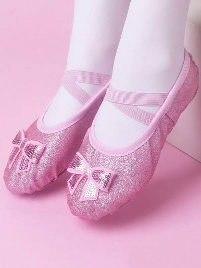 A Pair Of Pink Glitter Bowknot Girls' Princess Ballet Dance Shoes, Soft Sole Anti-Slip Practice S... | SHEIN
