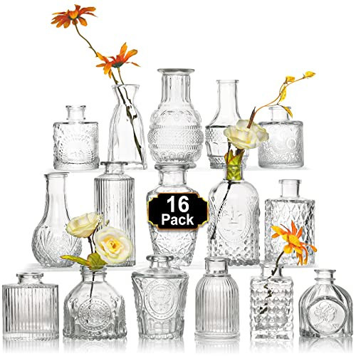 Arme 16Pcs Glass Bud Vase Set，Small Flower Vase for Centerpieces，Clear Bud Vases in Bulk， Mini Vintage Vase for Rustic Wedding Decorations | Amazon (US)