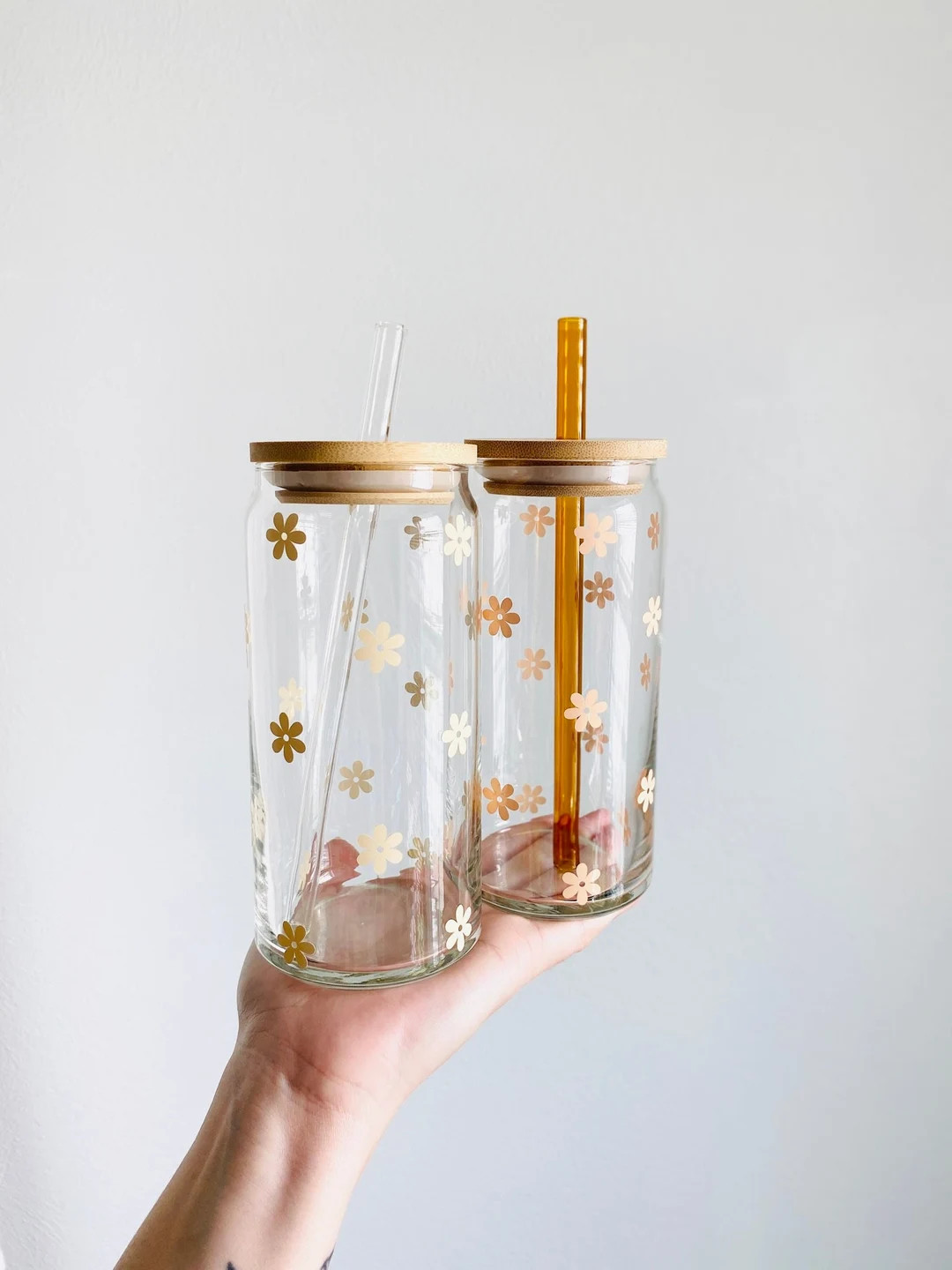 Glass Cups With Lid and Straw, Flower Glass Cups, Floral Glass Coffee Cup, Glass Tumbler, Glass T... | Etsy (US)