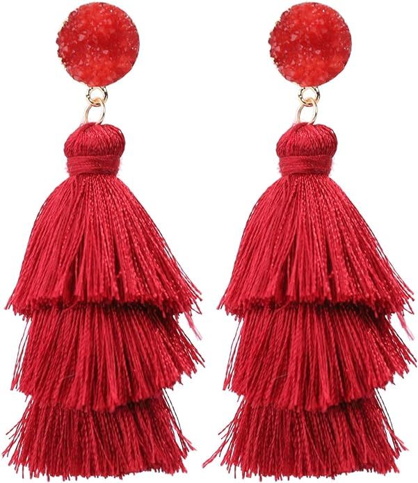 Rave Envy Colorful Tassel Earrings for Women - Layered Tassle Earrings - Choice of Color | Amazon (US)