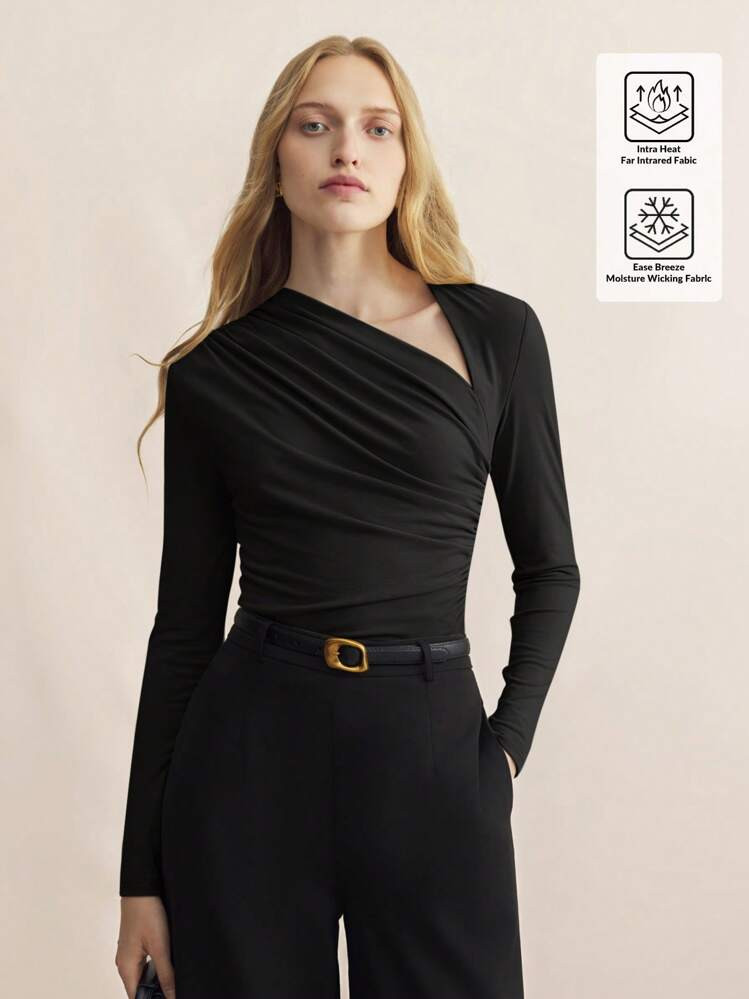 BizChic Autumn Women's Asymmetric Collar Long Sleeve Fitted Top, Minimalist Elegant Fashion Urban Commute Business Casual Wear, Suitable For Teachers, Office, School, Outings, Basic Top | SHEIN