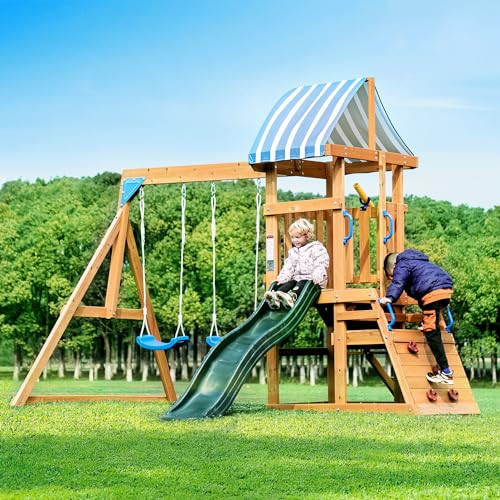 ROBUD Swing Sets for Backyard, Wooden Swing Set, All-in-One Kids Outdoor Play Equipment with Two Swings, Slide, Rock Climbing Wall, Blackboard, Telescope, Fort, Outdoor Playset for Kids & Toddlers | Amazon (US)