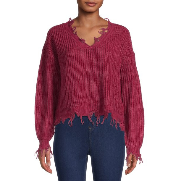 Derek Heart Juniors’ Destructed Edge Pullover with Long Sleeves - Walmart.com | Walmart (US)