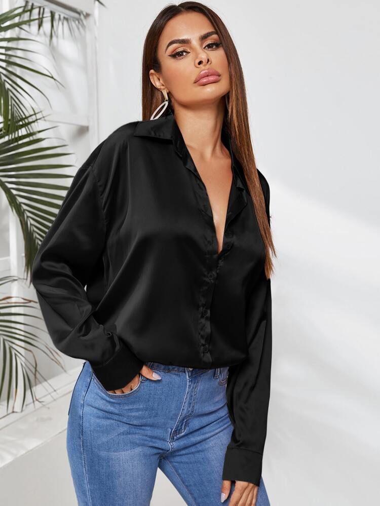 Satin Button Up Curved Hem Blouse | SHEIN