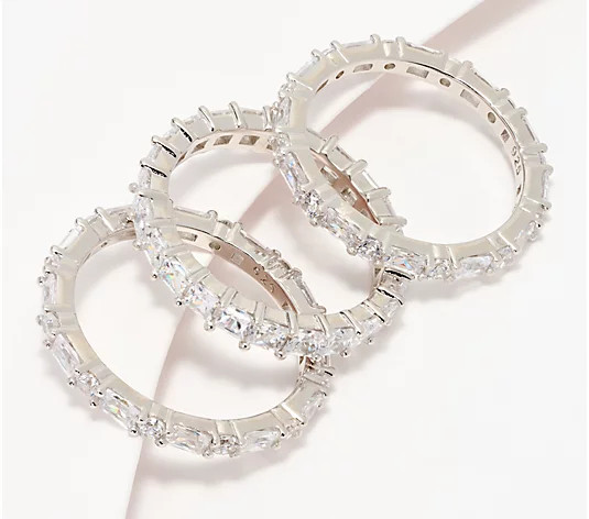 Diamonique S/3 Baguette & Round Cut Stackable Rings, SS - QVC.com | QVC