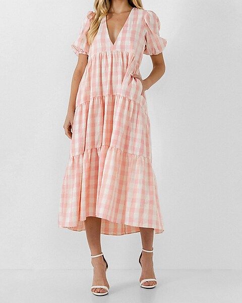 English Factory Gingham Puff Sleeve Midi Dress | Express