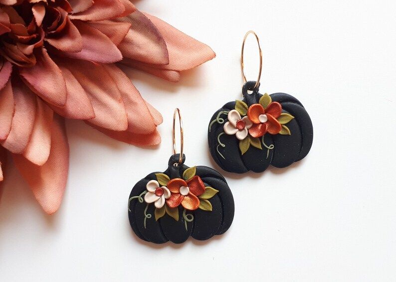 Black Pumpkin Earrings With Fall Floral Polymer Clay Pumpkin - Etsy | Etsy (US)