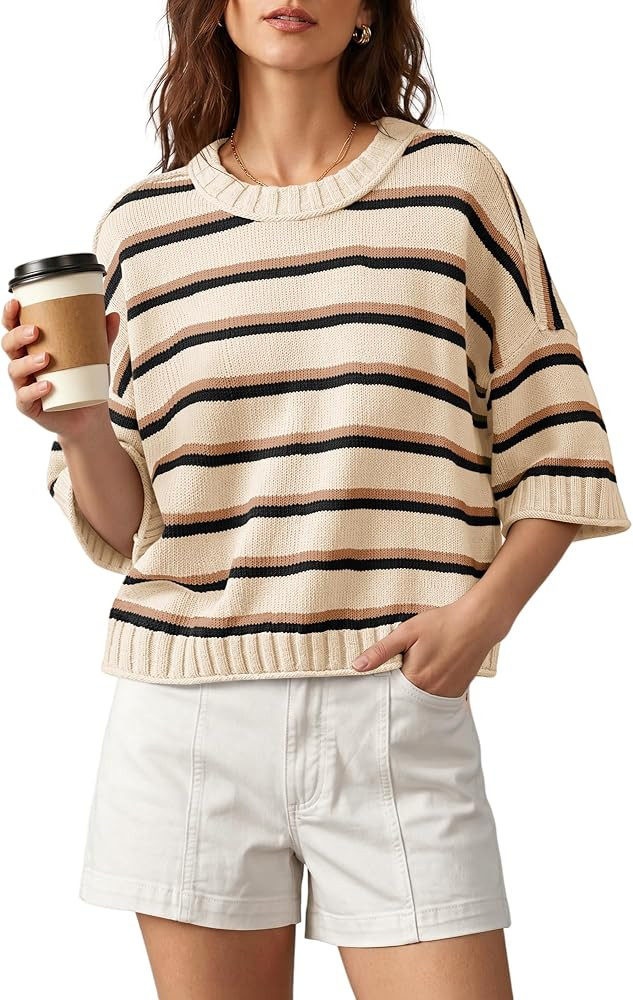 Nirovien Womens Short Sleeve Striped Sweater Crewneck Knitted Fall Sweaters | Amazon (US)