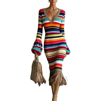 OSCORP Women’s Bohemian V-Neck Midi Dress with Long Sleeves,Flowy Printed Wedding Guest Dress w... | Amazon (US)